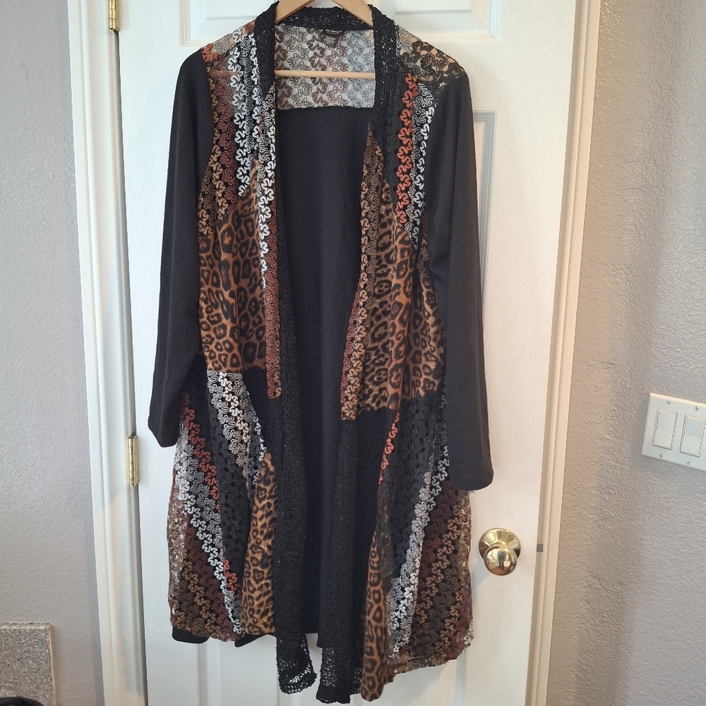 La Vanya Plus 2X  Open Front Cardigan Wrap Duster Jacket Cheetah Lace Sequins